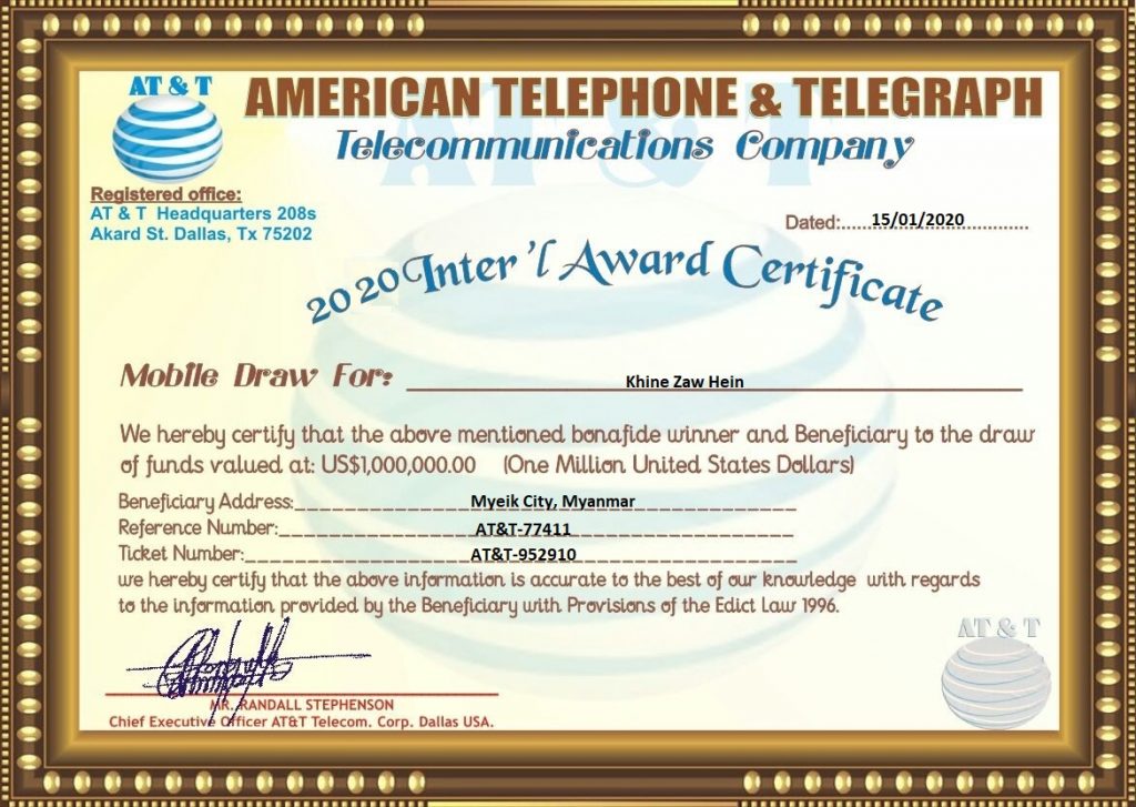 AT&T Mobile Draw Award Scam Certificate