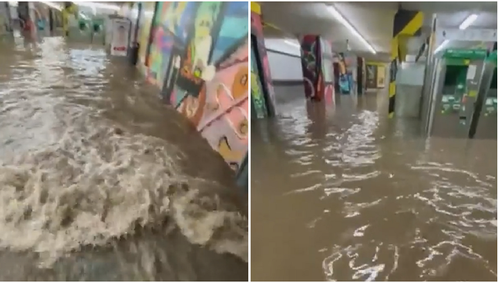 Flooded train station