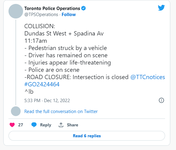 Tweet on Spadina accident