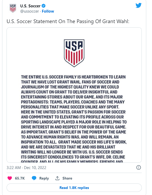 US SOCCER RELEASES STATEMENT ON GRANT WAHL'S DEATH